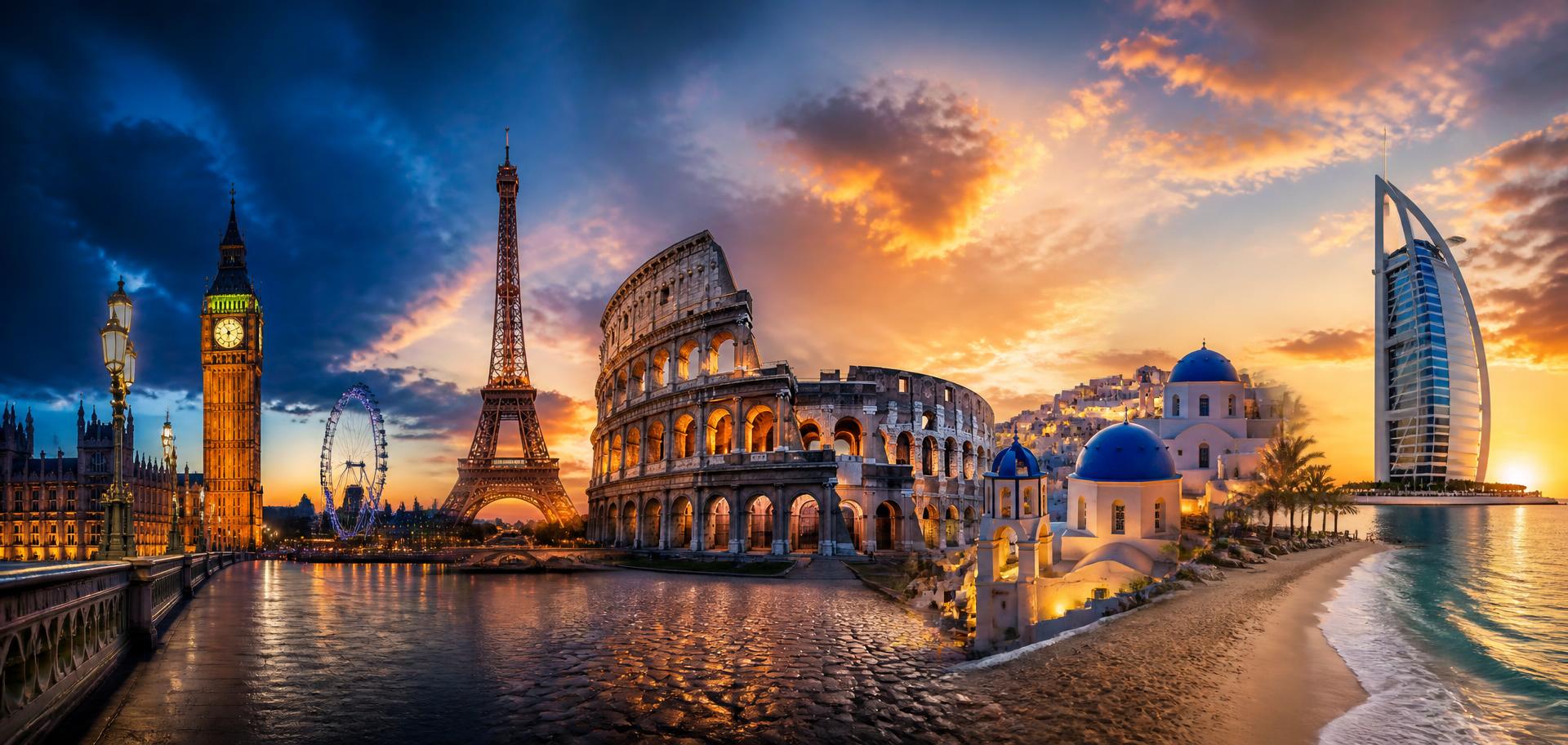 Global landmarks collage — Big Ben, the Eiffel Tower, the Colosseum and Santorini
